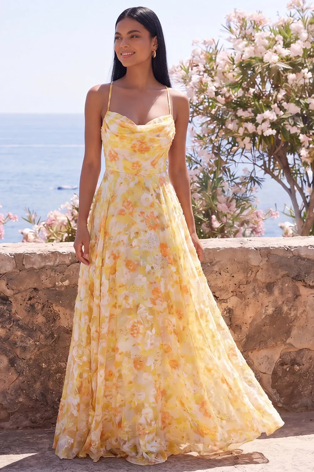 Yellow A Line Maxi Floral Dress sold by Zapaka