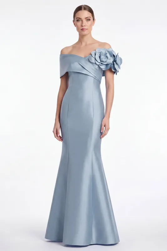 Dusty Blue Satin Off the Shoulder Mermaid Long Mother Of the Bride Dress with 3D Flower made by Zapaka