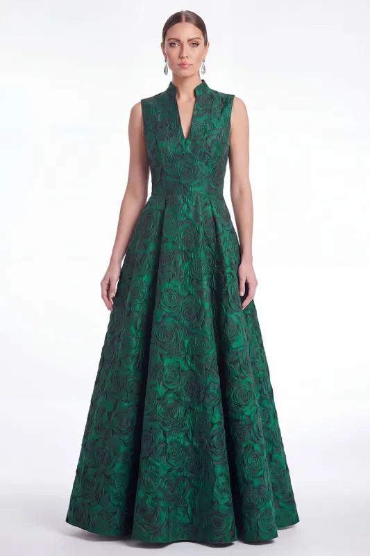 A-Line Green Flower Jacquard V-Neck Long Mother Of the Bride Dress made by Zapaka