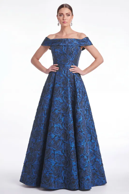 Off the Shoulder Blue A-Line Floral Jacquard Long Mother Of the Bride Dress made by Zapaka