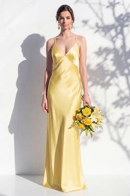 Yellow Spaghetti Straps Sheath Satin Bridesmaid Dress made by Zapaka