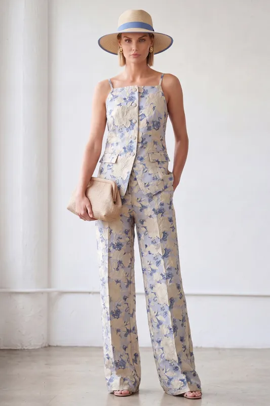 2-Piece Blue Flower Single Breasted Jacquard Women Suits made by Zapaka
