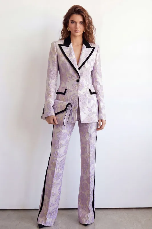 Purple Flower 2 Piece Peak Lapel One Button Jacquard Slim Fit Women Suits made by Zapaka