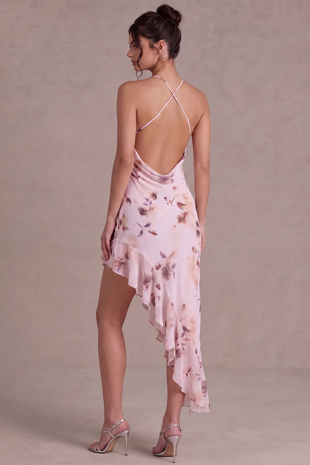 Pink Halter Neck Floral Asymmetrical Cocktail Dress with Ruffles sold by Zapaka product image thumbnail 2