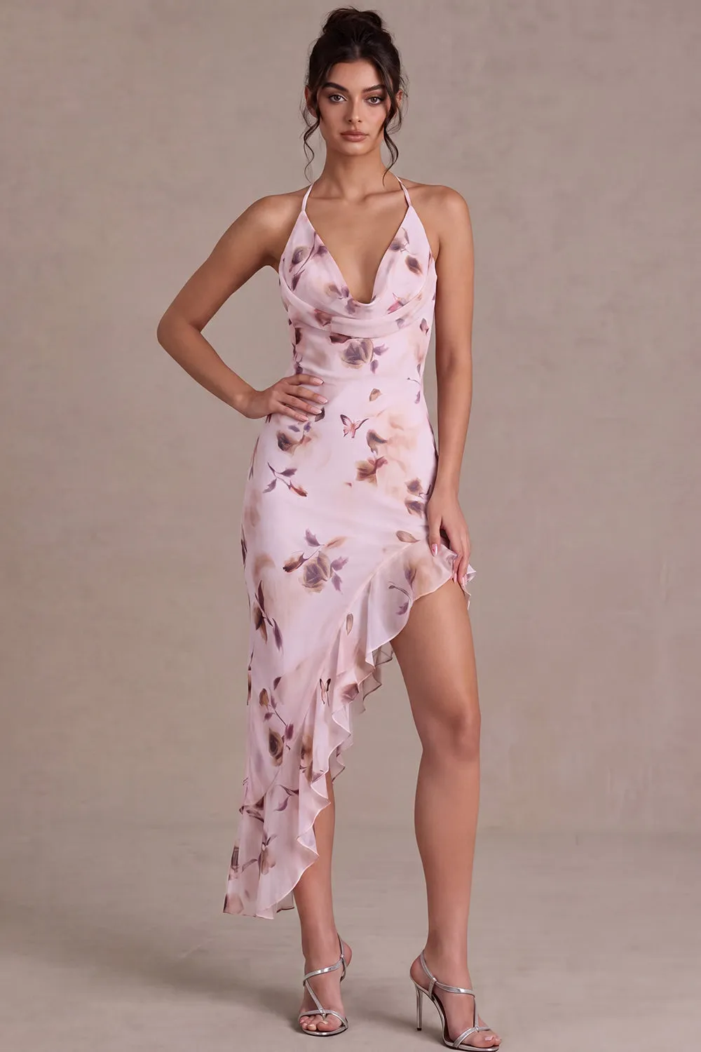 Pink Halter Neck Floral Asymmetrical Cocktail Dress with Ruffles sold by Zapaka