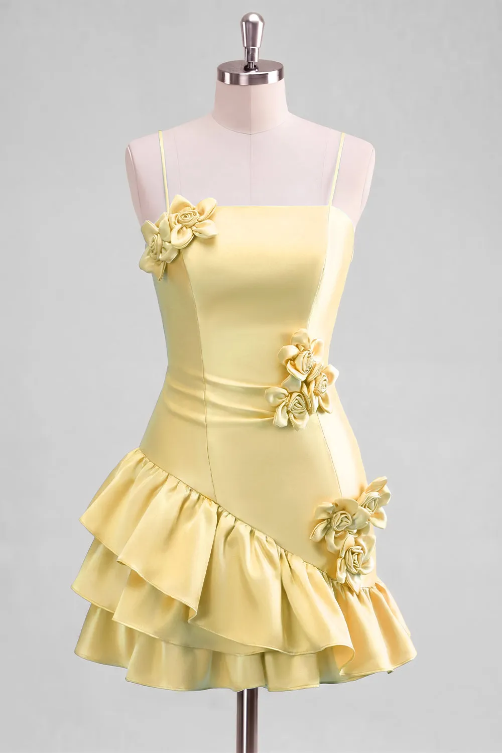 A-Line Satin Light Blue Spaghetti Straps Ruffled Homecoming Dress with 3D Flowers sold by Zapaka product image thumbnail 5