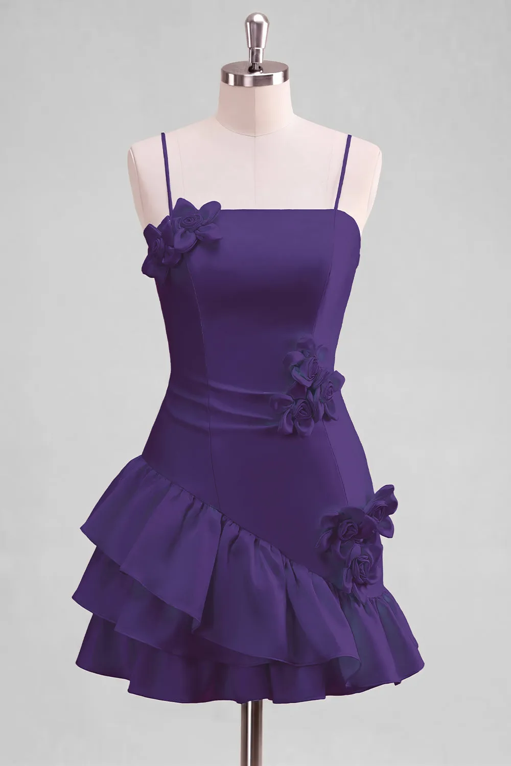 A-Line Satin Light Blue Spaghetti Straps Ruffled Homecoming Dress with 3D Flowers sold by Zapaka product image thumbnail 2