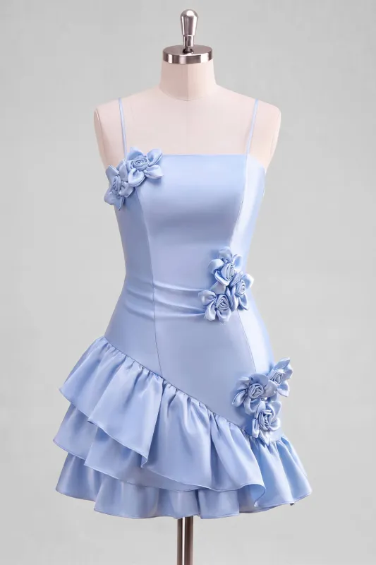 A-Line Satin Light Blue Spaghetti Straps Ruffled Homecoming Dress with 3D Flowers made by Zapaka