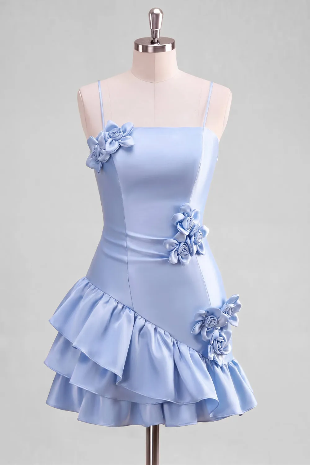 A-Line Satin Light Blue Spaghetti Straps Ruffled Homecoming Dress with 3D Flowers sold by Zapaka
