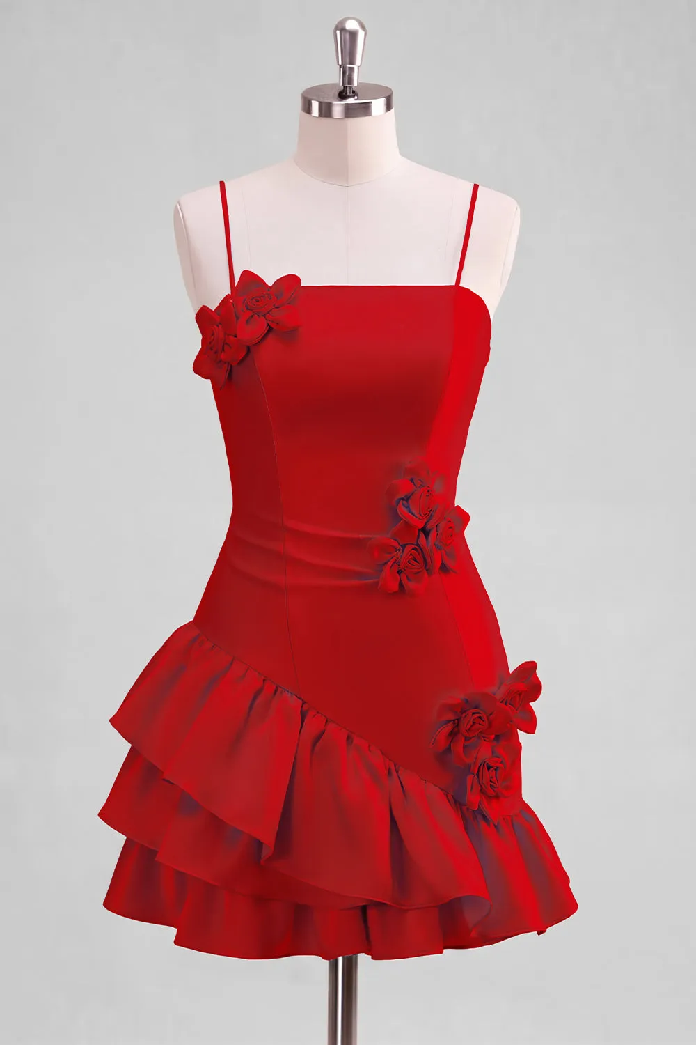 A-Line Satin Light Blue Spaghetti Straps Ruffled Homecoming Dress with 3D Flowers sold by Zapaka product image thumbnail 3