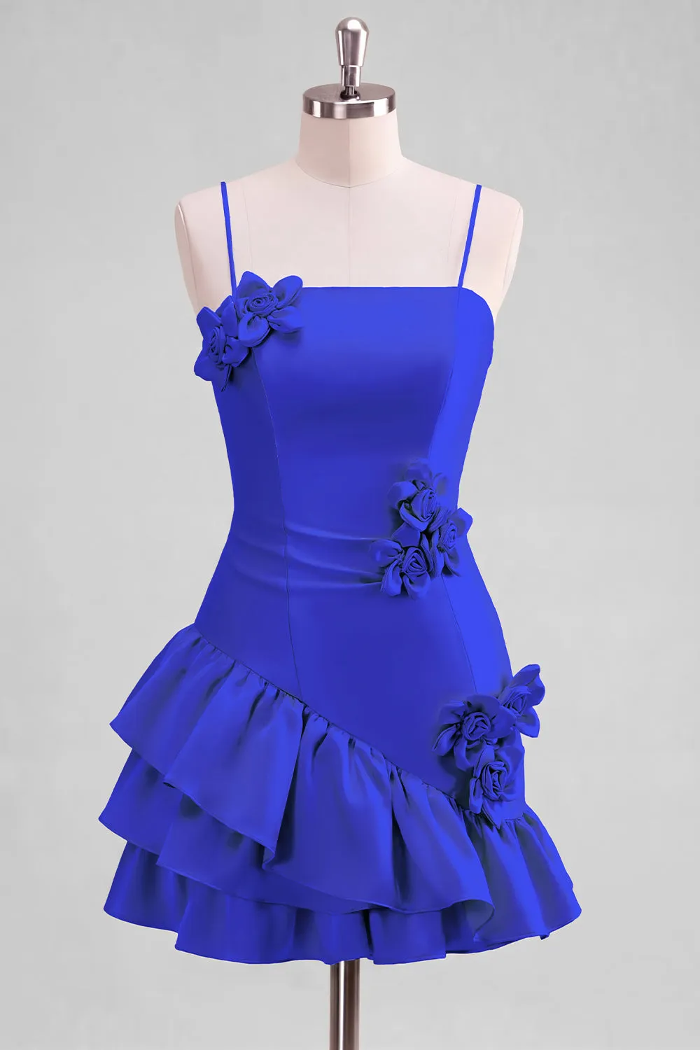 A-Line Satin Light Blue Spaghetti Straps Ruffled Homecoming Dress with 3D Flowers sold by Zapaka product image thumbnail 4