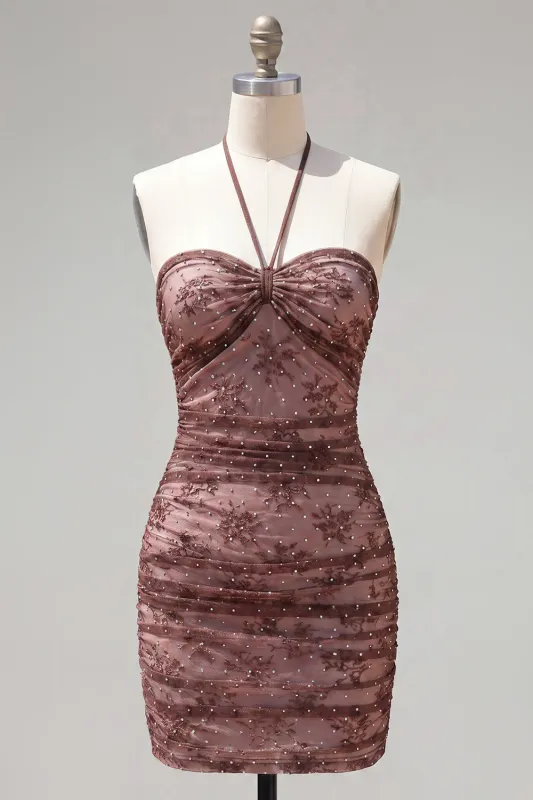 Chocolate Bodycon Halter Neck Ruched Homecoming Dress with Beading made by Zapaka