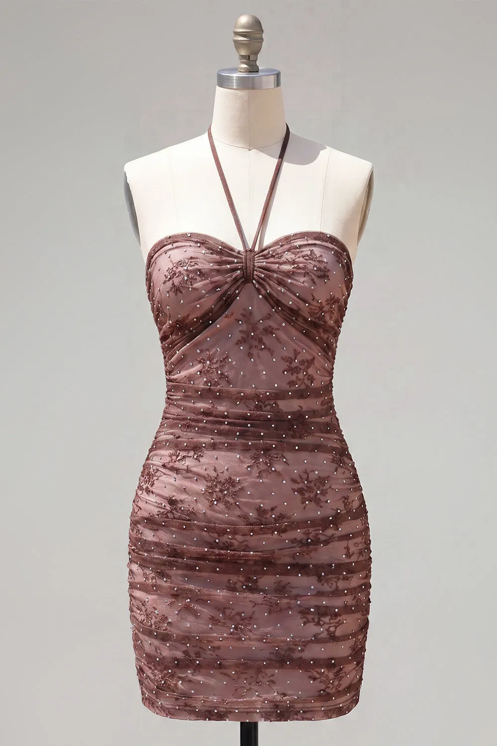 Chocolate Bodycon Halter Neck Ruched Homecoming Dress with Beading sold by Zapaka
