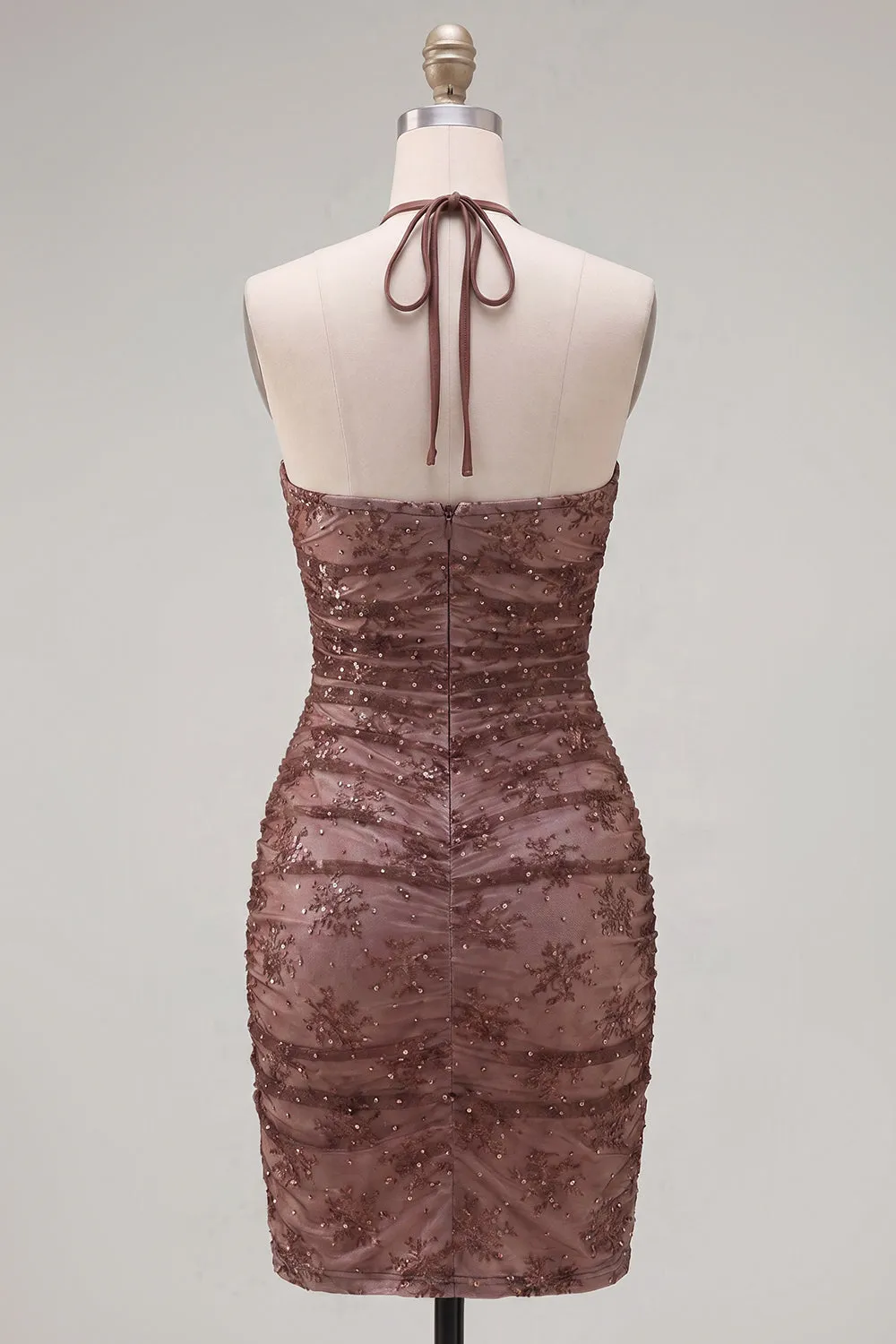 Chocolate Bodycon Halter Neck Ruched Homecoming Dress with Beading sold by Zapaka product image thumbnail 2