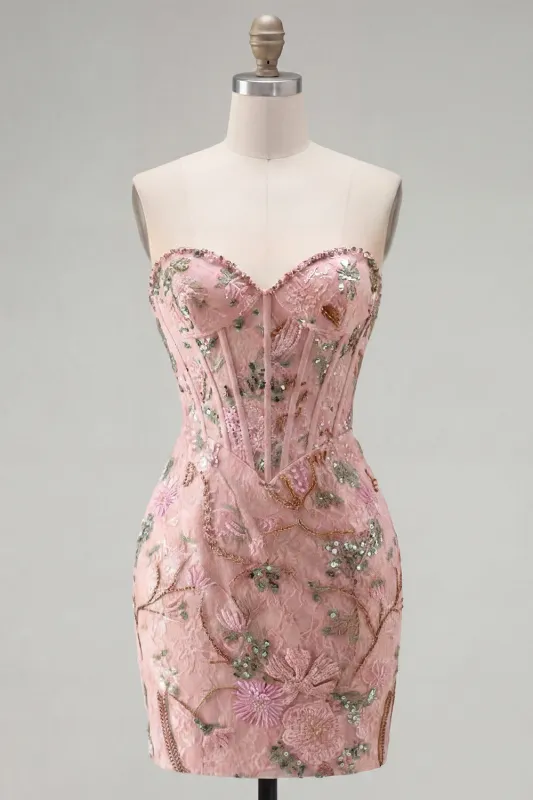Pink Bodycon Sweetheart Floral Corset Homecoming Dress with Beading made by Zapaka