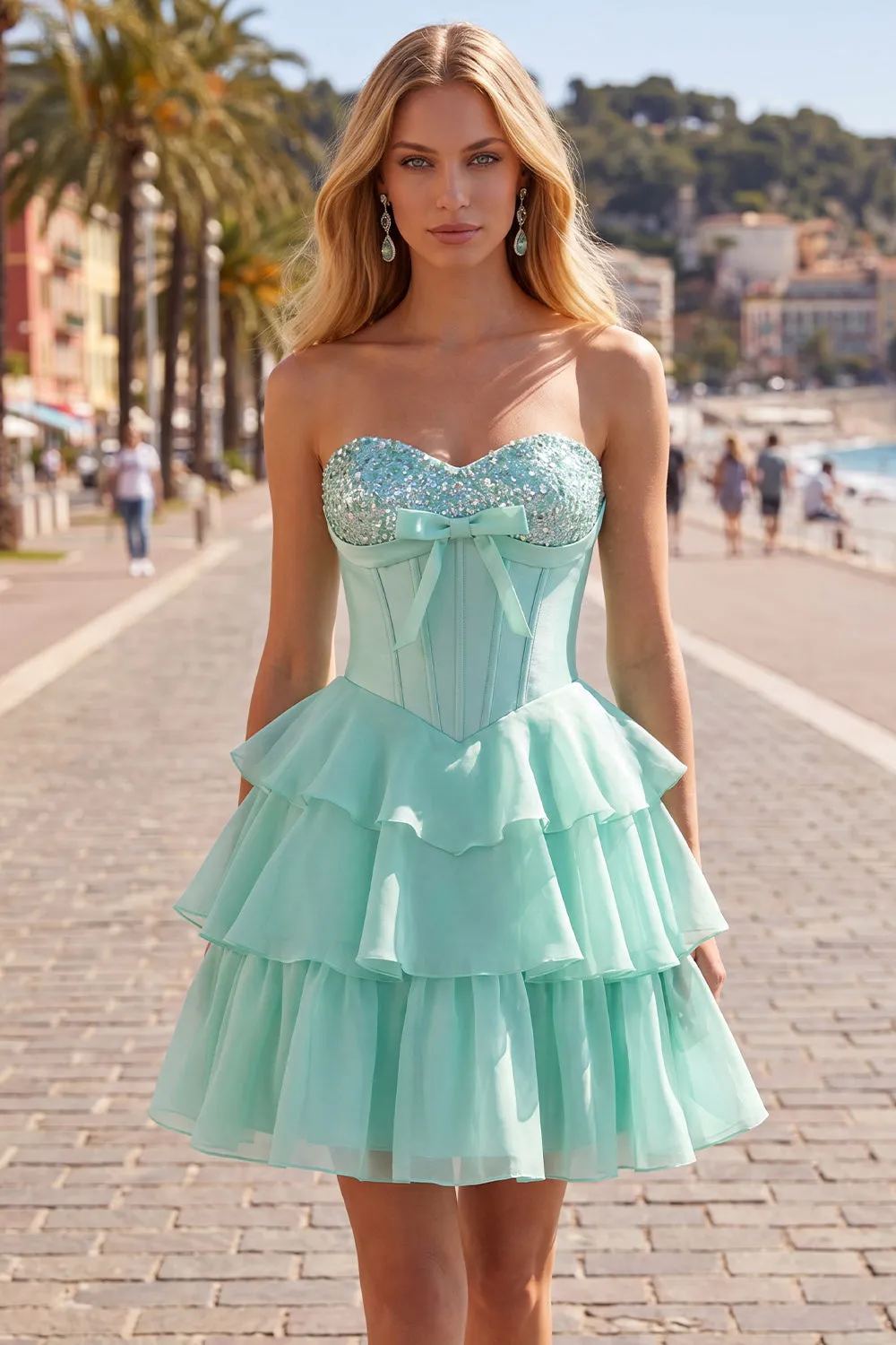 Mint A-Line Sweetheart Corset Chiffon Tiered Homecoming Dress sold by Zapaka product image thumbnail 3