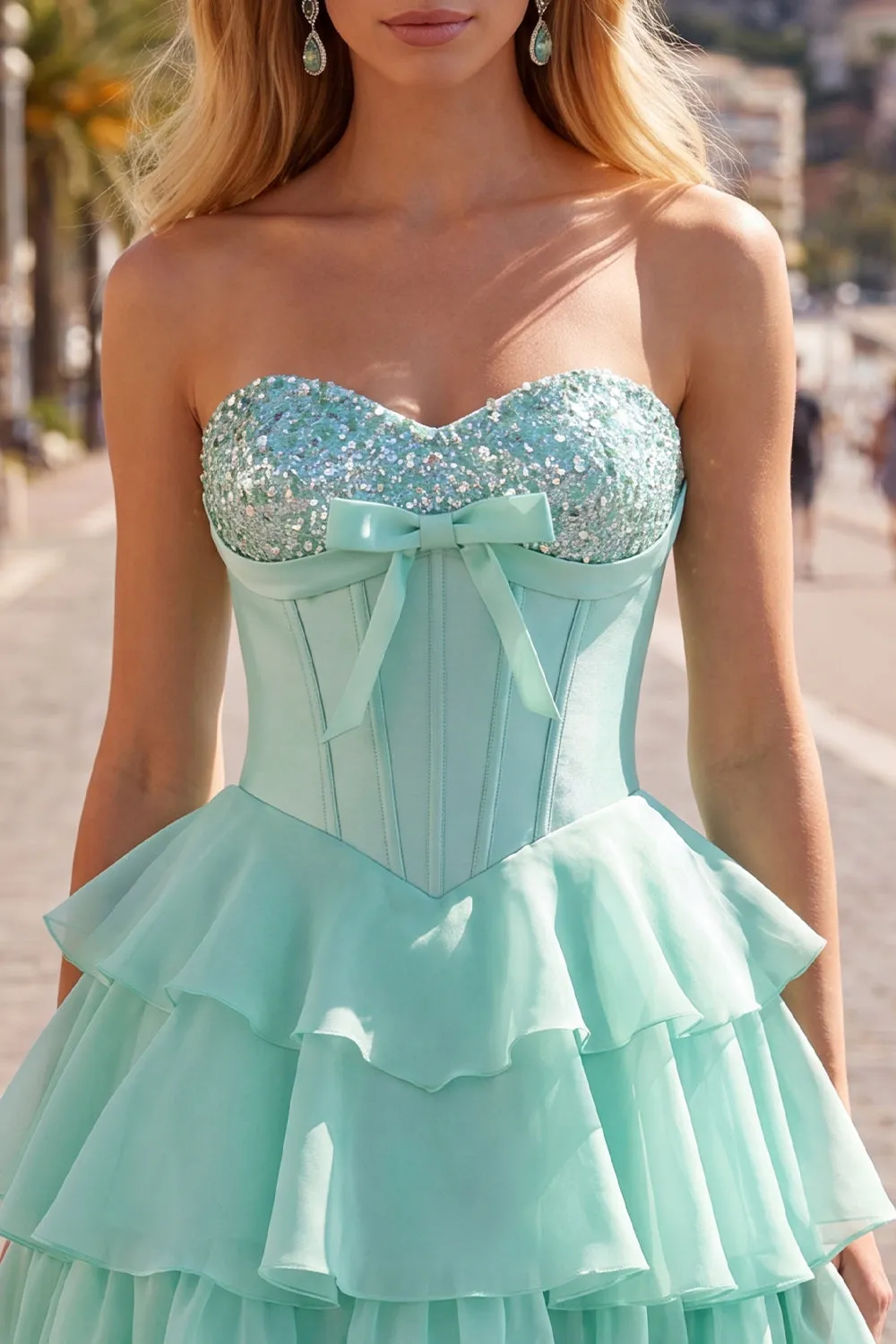 Mint A-Line Sweetheart Corset Chiffon Tiered Homecoming Dress sold by Zapaka product image thumbnail 5
