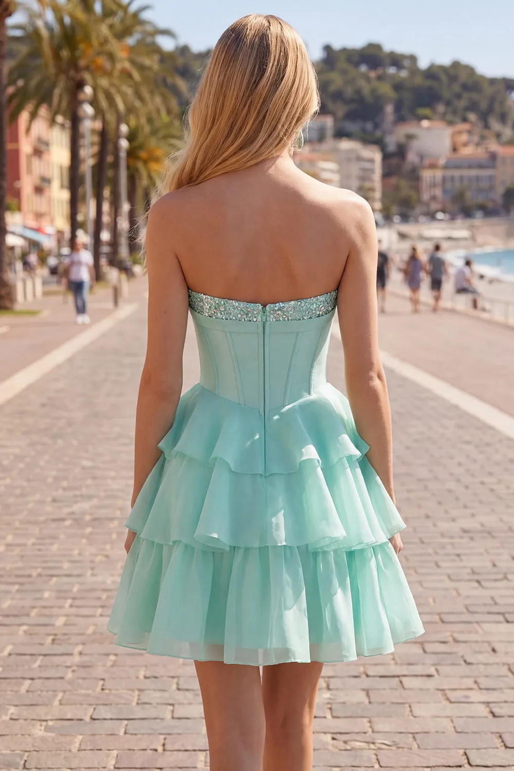 Mint A-Line Sweetheart Corset Chiffon Tiered Homecoming Dress sold by Zapaka product image thumbnail 4