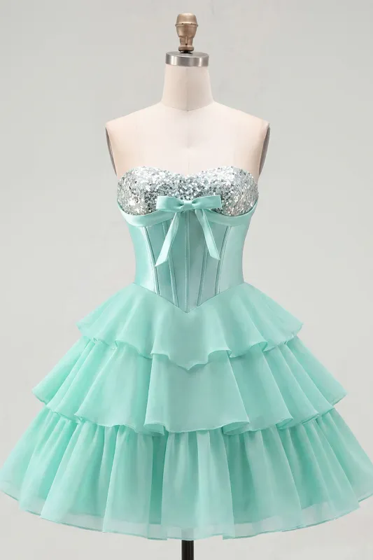 Mint A-Line Sweetheart Corset Chiffon Tiered Homecoming Dress made by Zapaka
