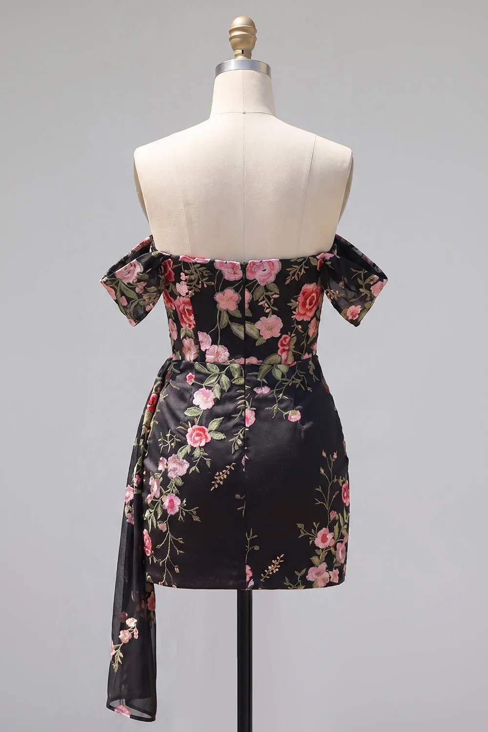 Black Off the Shoulder Bodycon Floral Homecoming Dress with Sash sold by Zapaka product image thumbnail 2