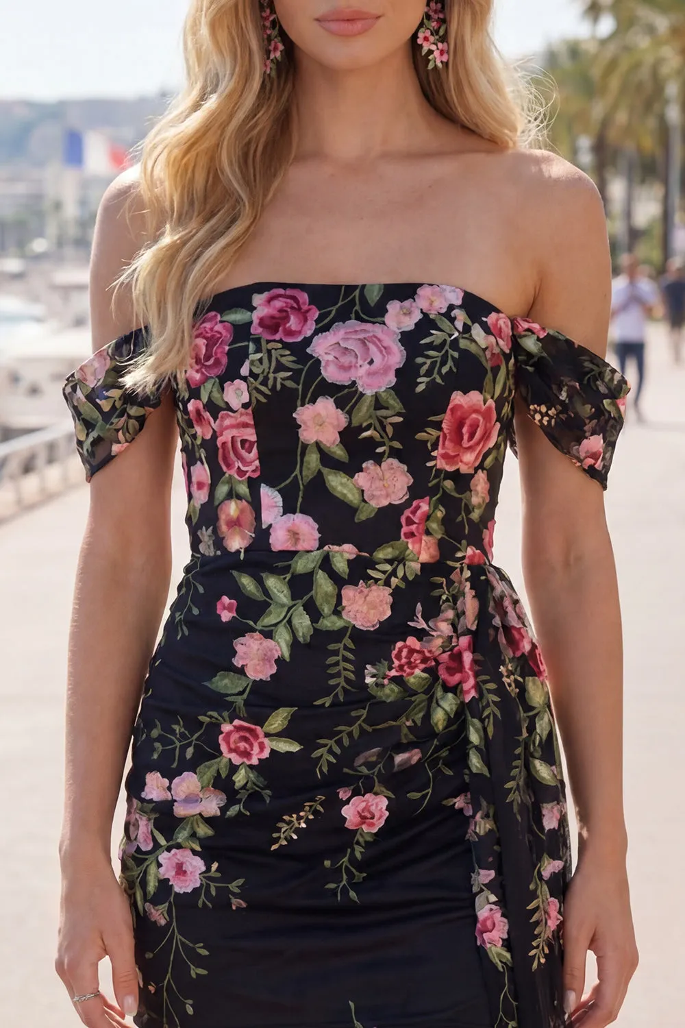 Black Off the Shoulder Bodycon Floral Homecoming Dress with Sash sold by Zapaka product image thumbnail 5