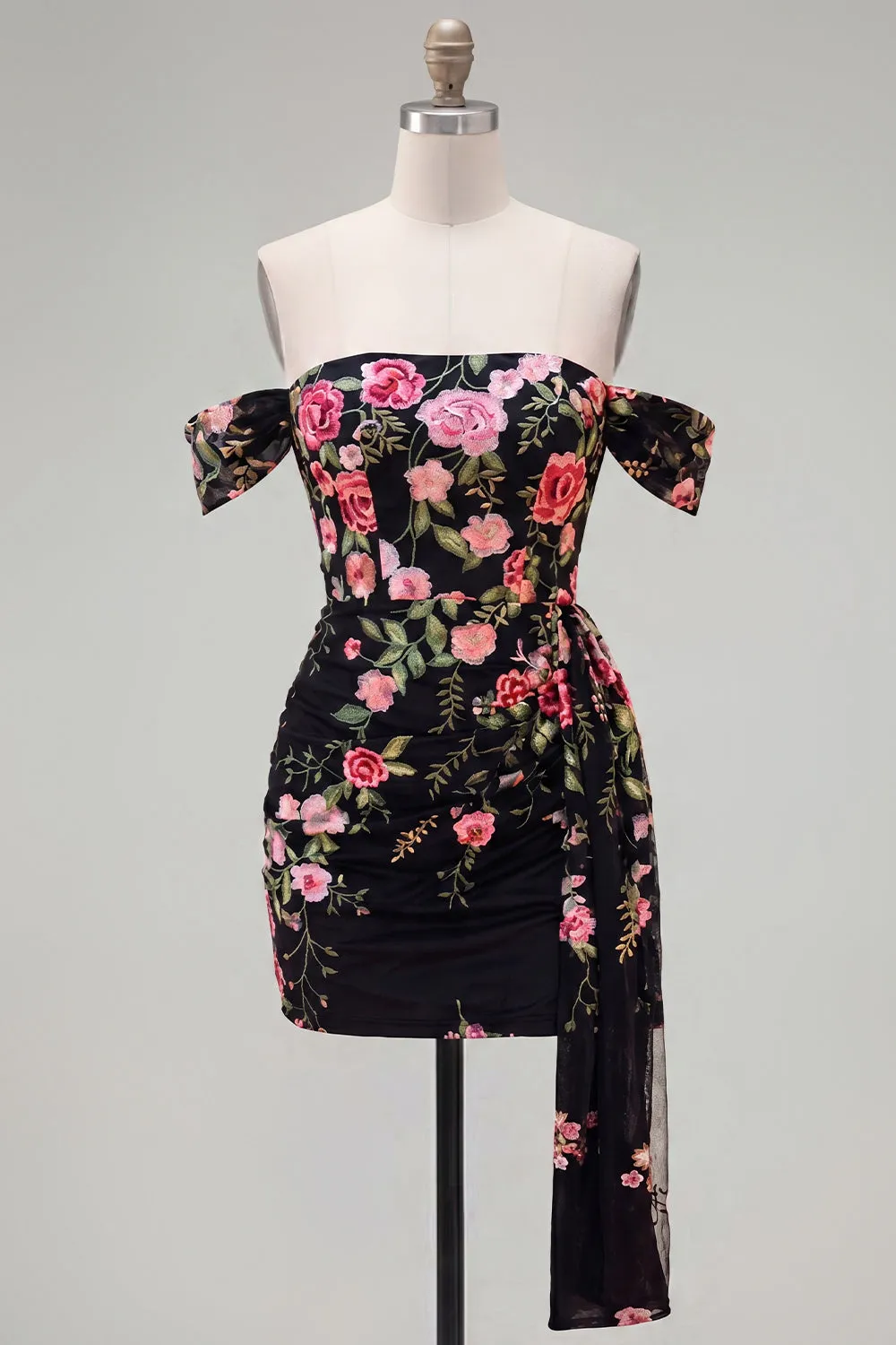 Black Off the Shoulder Bodycon Floral Homecoming Dress with Sash sold by Zapaka
