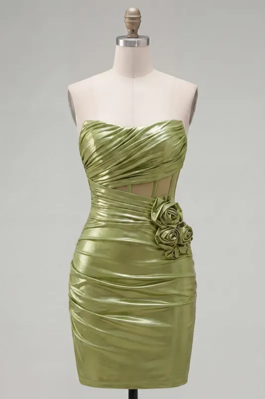 Green Strapless Bodycon Sheer Corset Metallic Homecoming Dress with 3D Flowers made by Zapaka