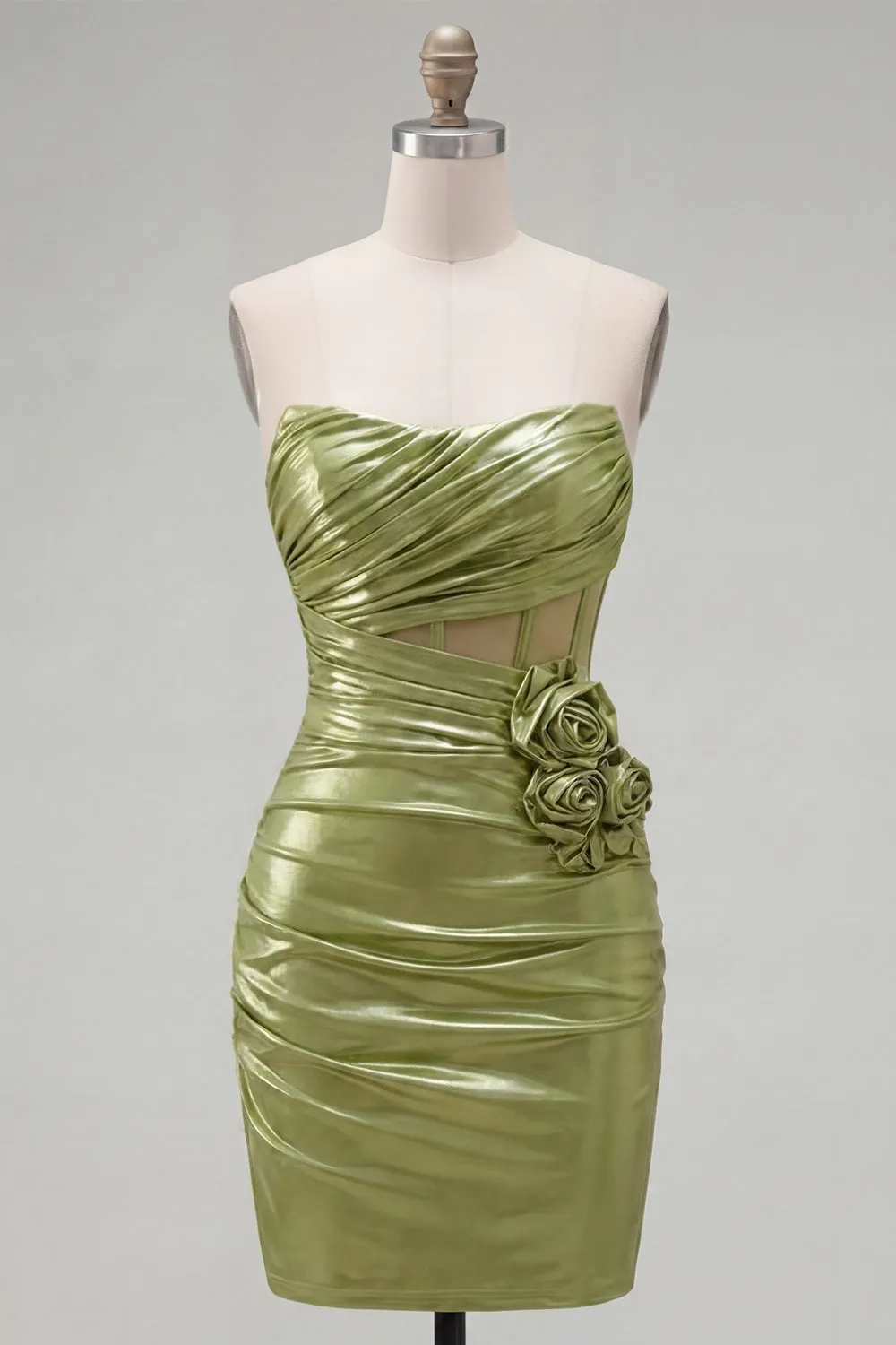 Green Strapless Bodycon Sheer Corset Metallic Homecoming Dress with 3D Flowers sold by Zapaka