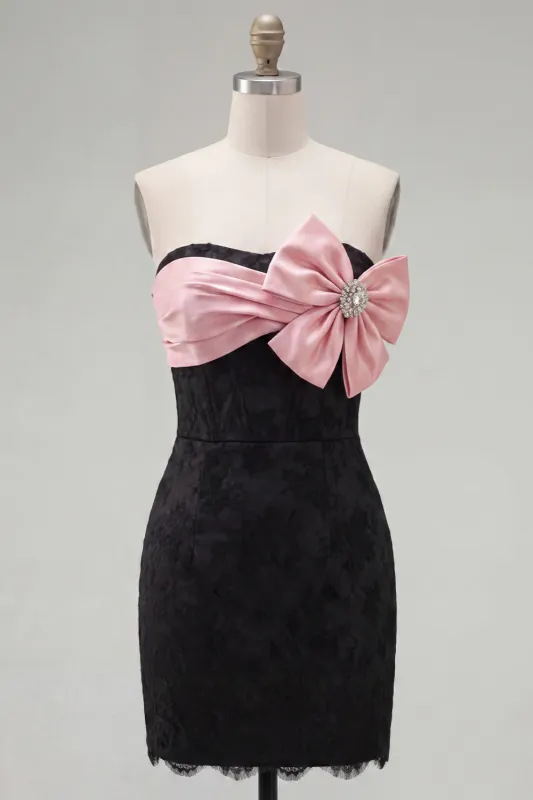 Black Strapless Bodycon Homecoming Dress with Bow made by Zapaka