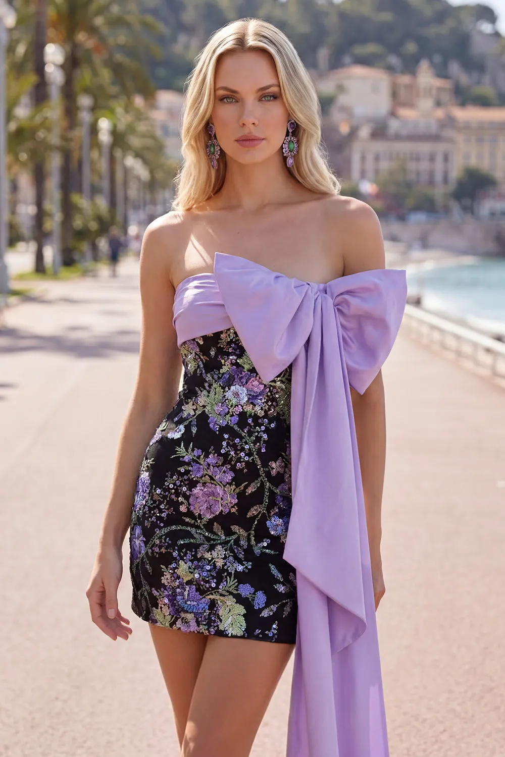 Black Floral Strapless Bodycon Sequins Homecoming Dress with Large Bow sold by Zapaka product image thumbnail 3