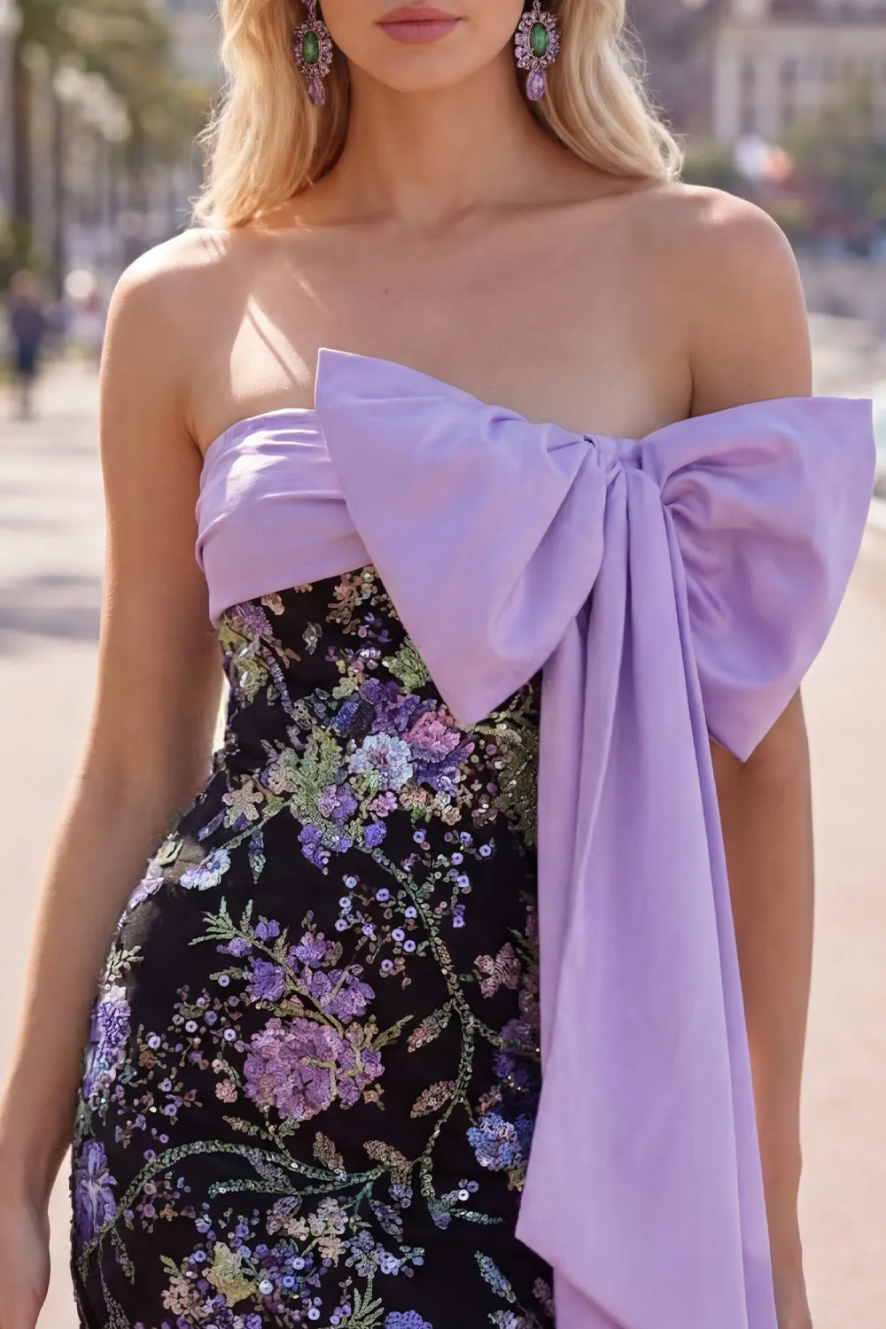 Black Floral Strapless Bodycon Sequins Homecoming Dress with Large Bow sold by Zapaka product image thumbnail 5