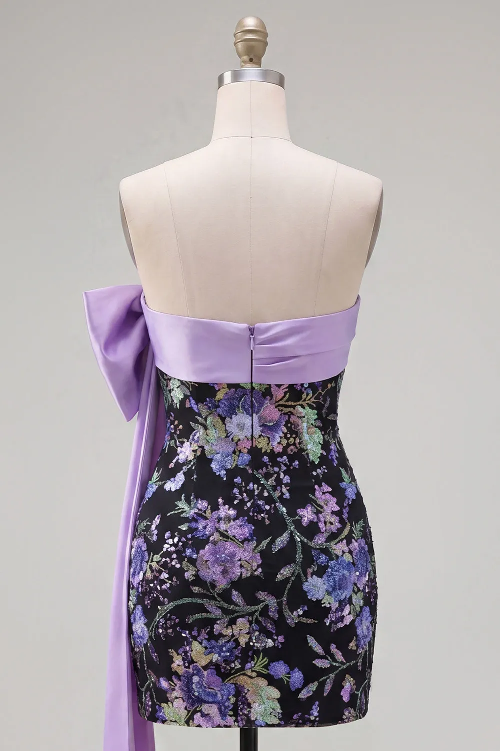 Black Floral Strapless Bodycon Sequins Homecoming Dress with Large Bow sold by Zapaka product image thumbnail 2