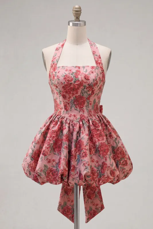 Red Flower A-Line Halter Neck Homecoming Dress with Bow made by Zapaka