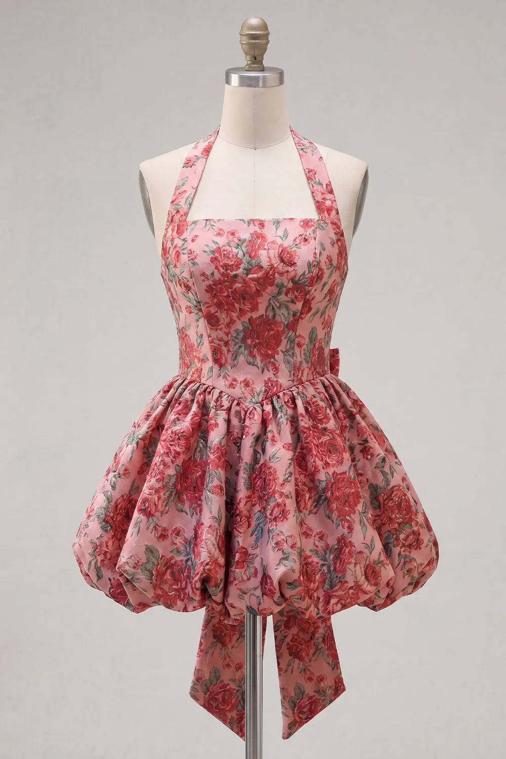 Red Flower A-Line Halter Neck Homecoming Dress with Bow sold by Zapaka