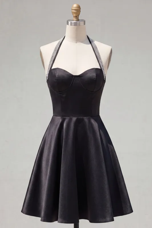 Black A-Line Halter Neck Satin Homecoming Dress with Beading made by Zapaka