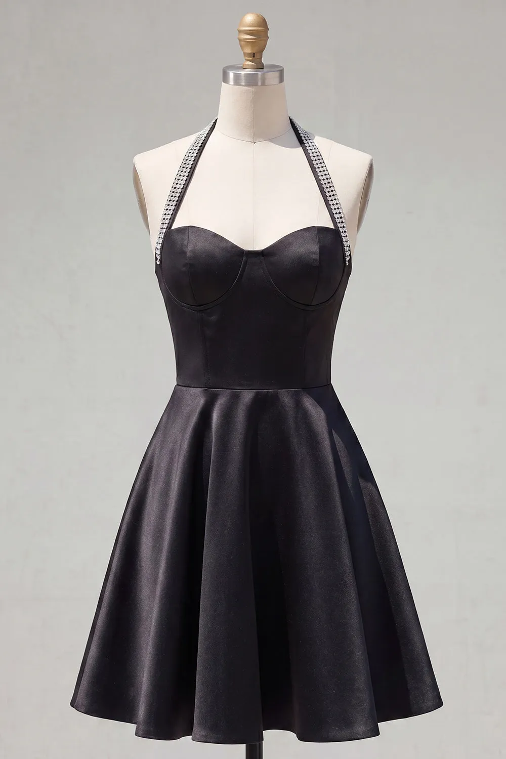 Black A-Line Halter Neck Satin Homecoming Dress with Beading sold by Zapaka