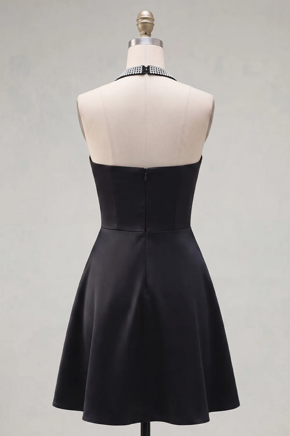 Black A-Line Halter Neck Satin Homecoming Dress with Beading sold by Zapaka product image thumbnail 2