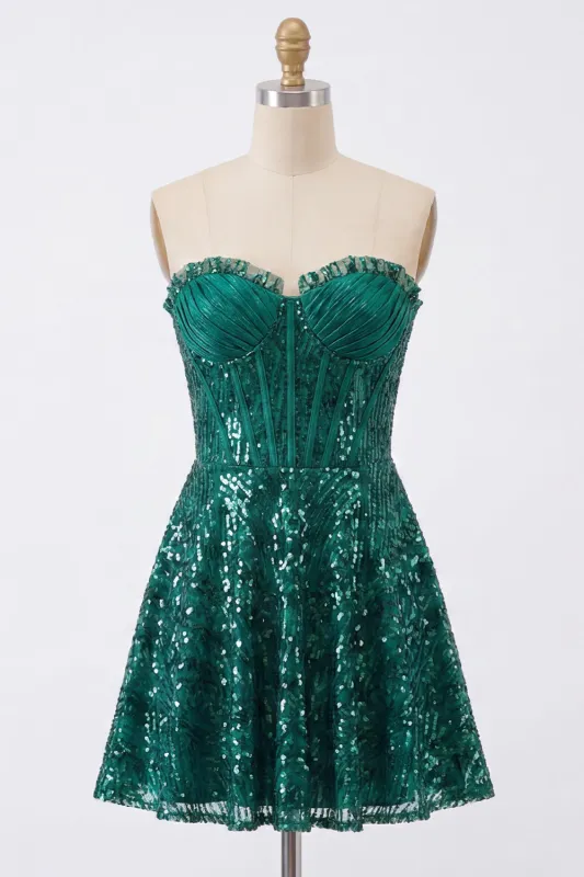 Sparkly Strapless A-Line Dark Green Corset Sequins Short Homecoming Dress made by Zapaka