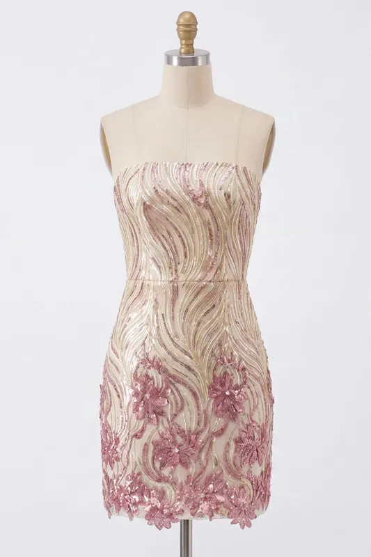 Sparkly Strapless Gold and Pink Bodycon Sequins Homecoming Dress made by Zapaka