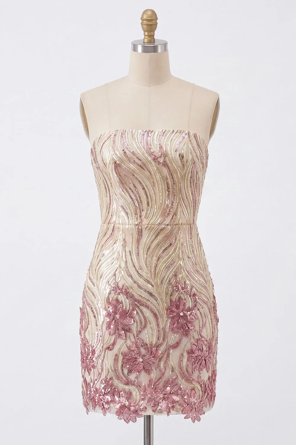 Sparkly Strapless Gold and Pink Bodycon Sequins Homecoming Dress sold by Zapaka