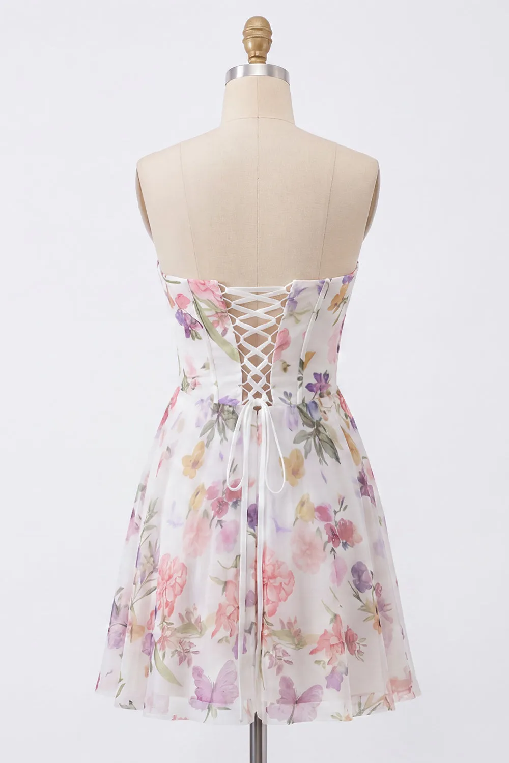 A-Line Strapless Ivory Floral Chiffon Ruched Corset Homecoming Dress sold by Zapaka product image thumbnail 2