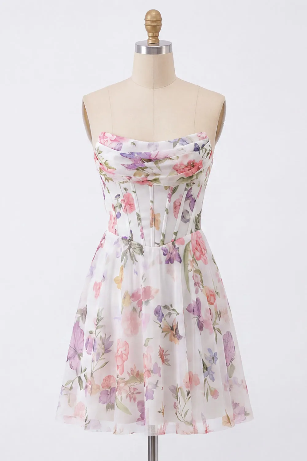A-Line Strapless Ivory Floral Chiffon Ruched Corset Homecoming Dress sold by Zapaka
