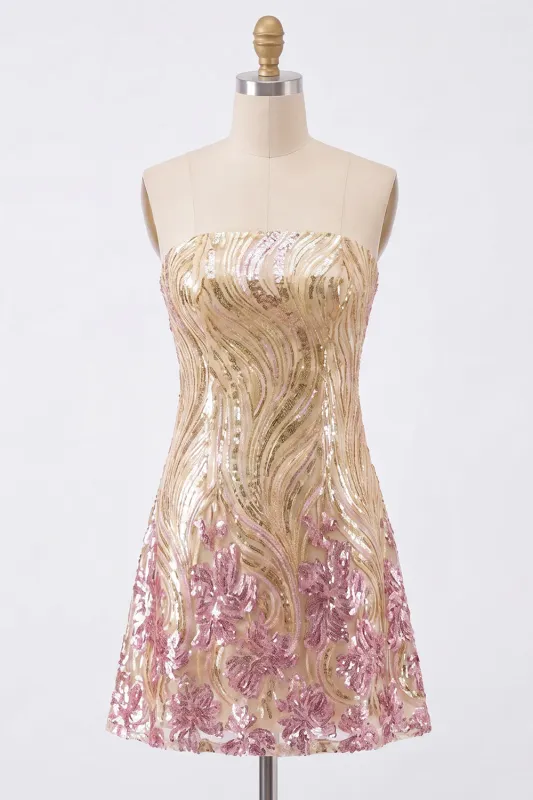 Sparkly A-Line Gold and Pink Strapless Sequins Homecoming Dress made by Zapaka