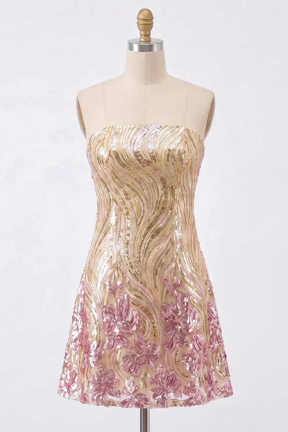 Sparkly A-Line Gold and Pink Strapless Sequins Homecoming Dress sold by Zapaka