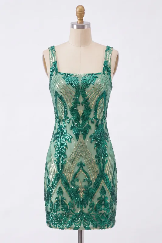 Sparkly Dark Green Square Neck Bodycon Sequins Homecoming Dress made by Zapaka