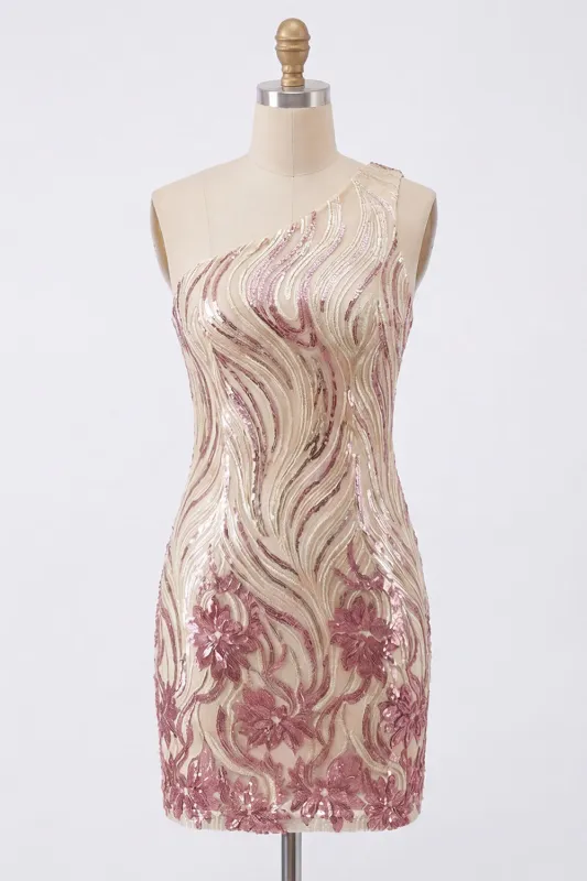 Sparkly Gold and Pink One Shoulder Bodycon Sequins Homecoming Dress made by Zapaka