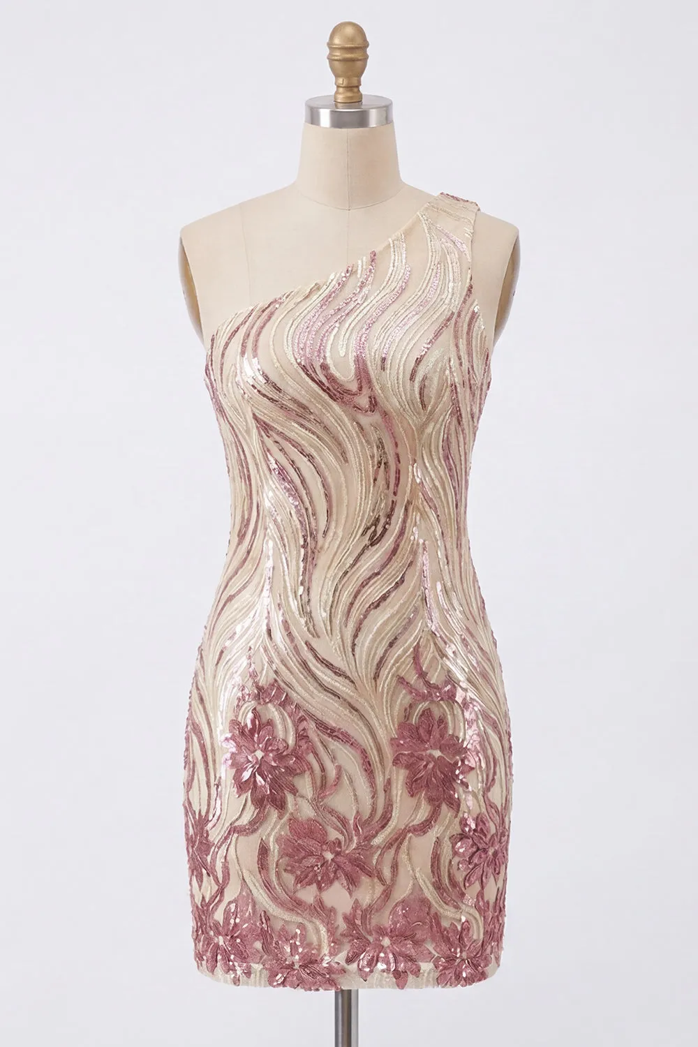 Sparkly Gold and Pink One Shoulder Bodycon Sequins Homecoming Dress sold by Zapaka