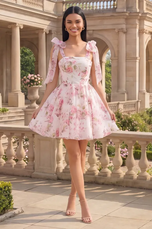 White Pink Flower A-Line Thick Straps Chiffon Homecoming Dress made by Zapaka