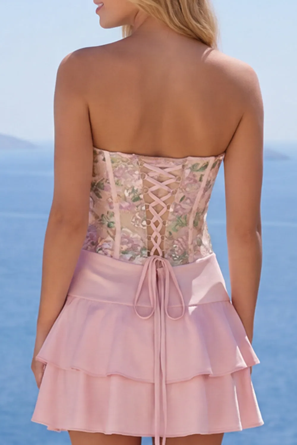 A-Line Pink Floral Spaghetti Straps Homecoming Dress with Ruffles sold by Zapaka product image thumbnail 4