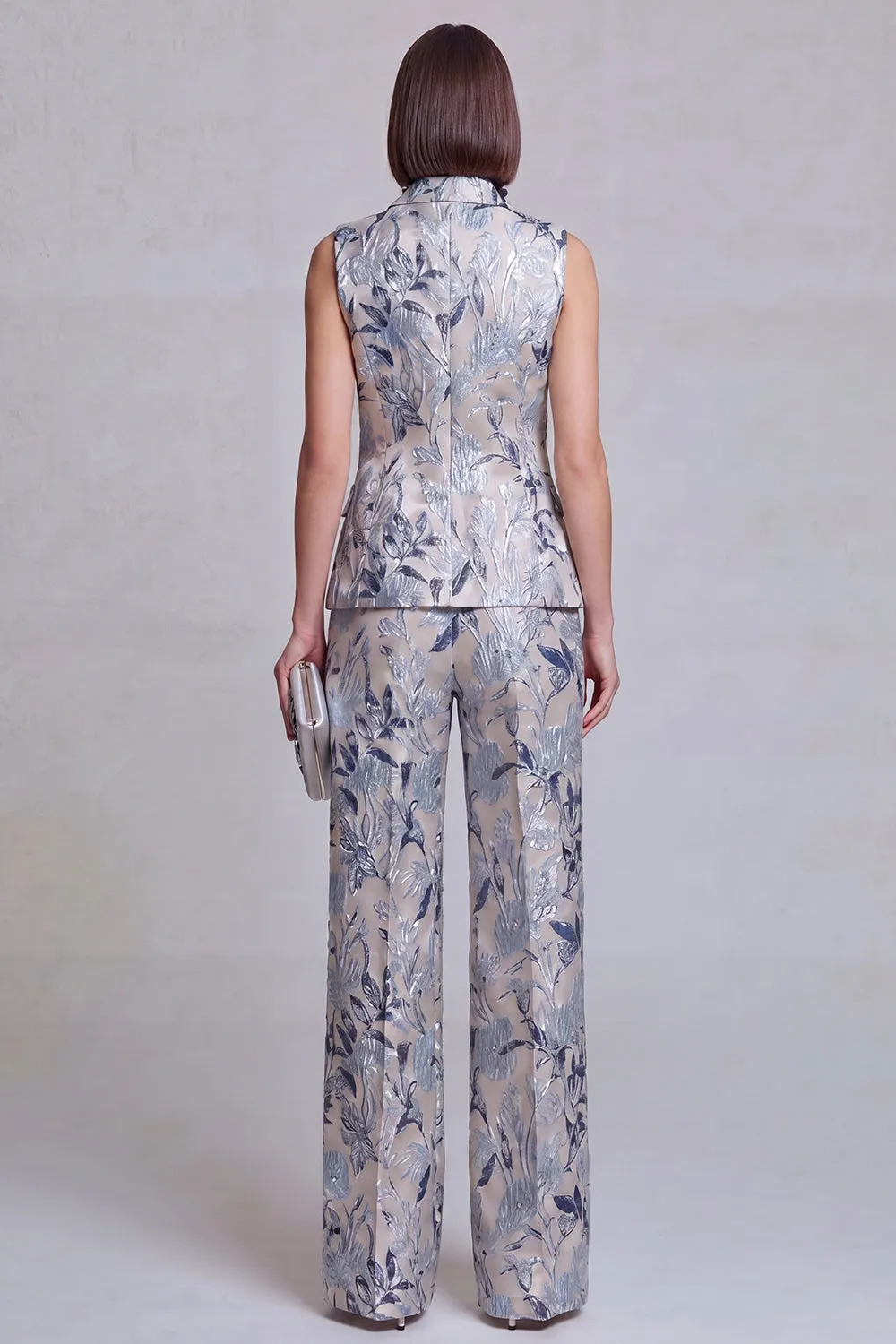 Grey Blue Jacquard Floral 2 Piece Peak Lapel Women's Suits sold by Zapaka product image thumbnail 2